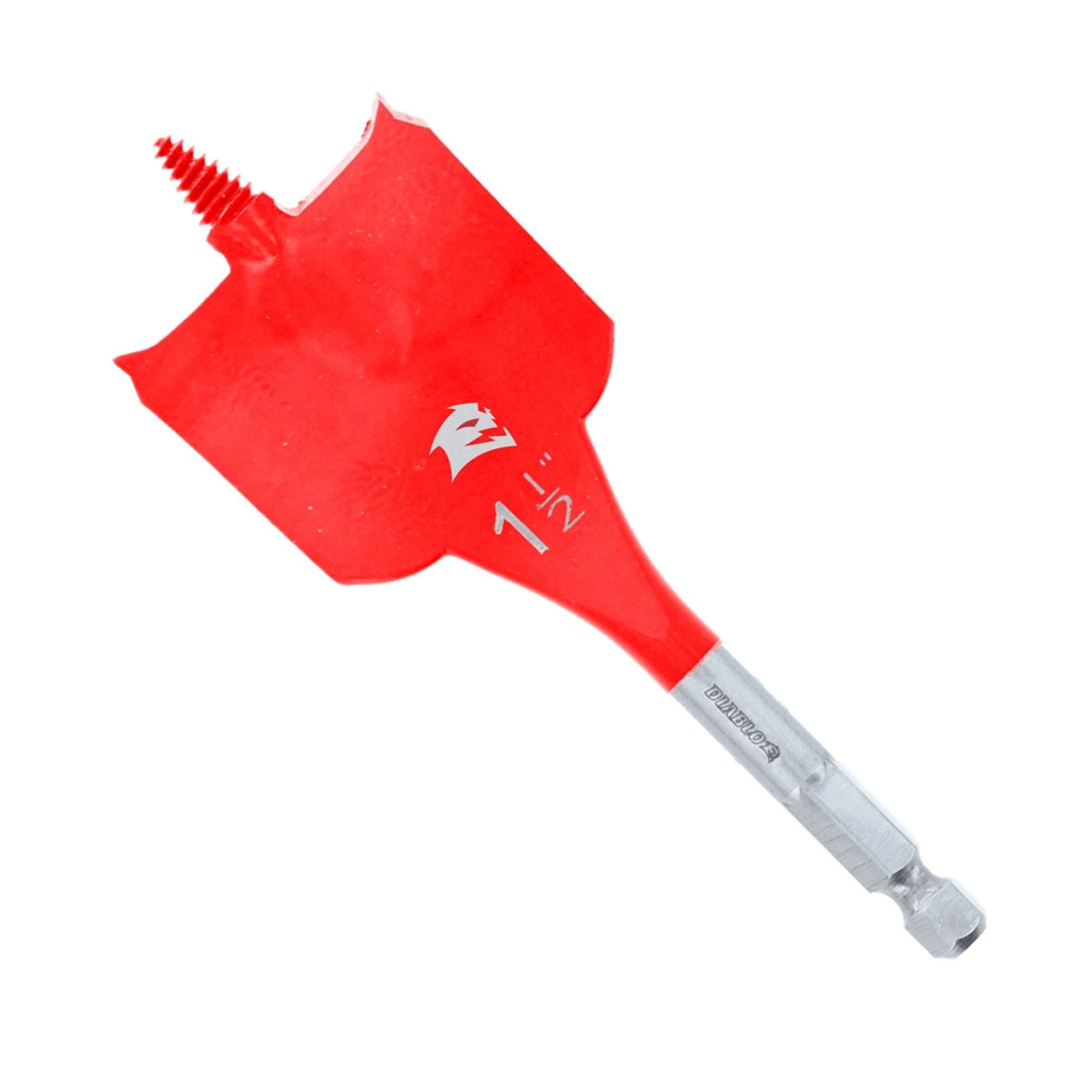 The DIABLO DSP1090 1-1/2 in. x 4 in. Spade Bit for Wood by Diablo features a pointed SPEED-TIP™, flat paddle-shaped blade with a 1-1/2 inch marking, and metallic shank for drill compatibility, offering Impact Strong™ durability and precision.